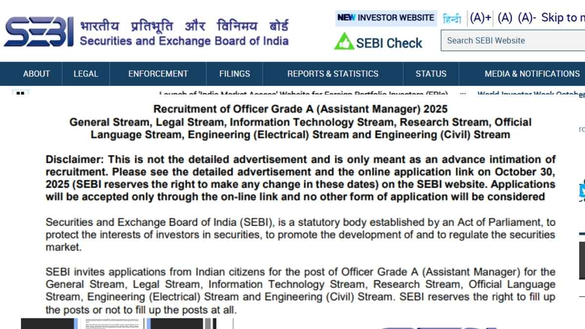 SEBI Grade A Recruitment 2025: Notification Released for 110 Vacancies — Apply Now at sebi.gov.in