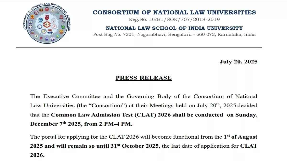 CLAT 2026 Registration Date Extended: Candidates Can Now Apply Till November 7, Exam Scheduled for December 7